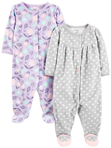Simple Joys by Carter's Baby Girls paquete de 2 calcetines de forro polar para dormir y jugar ,Purple/Flowers/Gray Dot ,0-3 Months