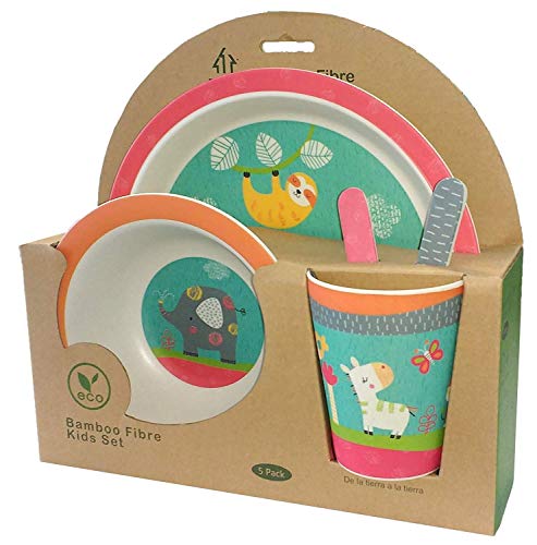 Vajilla Bambu Infantil ♻ Vajilla Fibra de Bambú Niños y Bebés 5 Piezas - Material Ecologico, Reciclable - Apto para Lavavajillas - Pack Eco, Bio, sin BPA (Bamboo) - Con Plato, Tazon, Vaso y Cubiertos