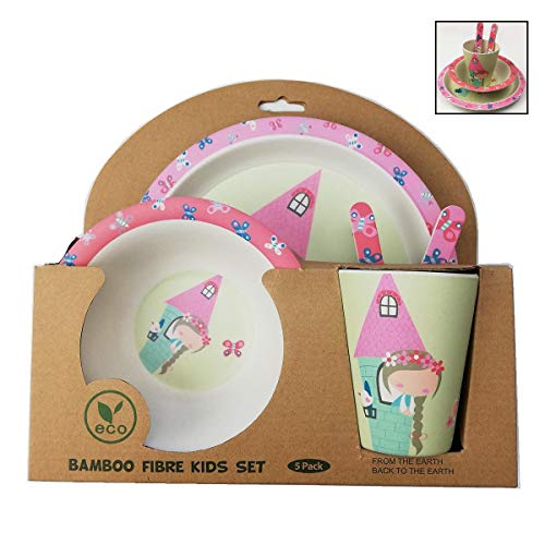 Vajilla Bambu Infantil ♻ Vajilla Fibra de Bambú Niños y Bebés 5 Piezas - Material Ecologico, Reciclable - Apto para Lavavajillas - Pack Eco, Bio, sin BPA (Bamboo) - Con Plato, Tazon, Vaso y Cubiertos