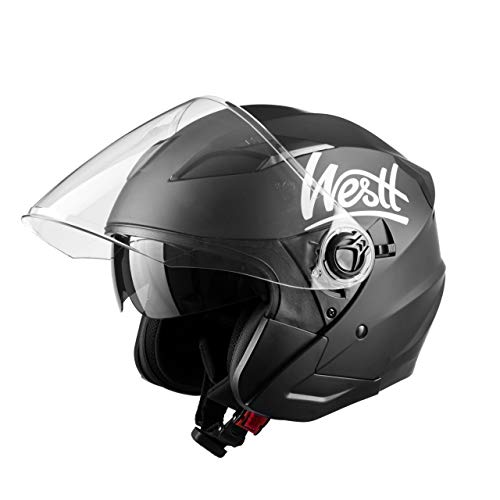 Westt Jet - Casco de Moto Abierto Negro Mate con Doble Visera para Motocicleta Scooter - Certificado ECE