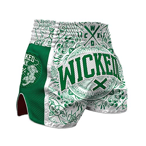 Wicked One Muay Thai - Pantalones cortos de boxeo tailandés para hombre, con tejido Air-Flow, talla XL, color blanco y verde