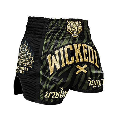 Wicked One Muay Thai Shorts Tiger Stripes Caqui - Pantalones cortos de boxeo tailandés para hombre con tejido Air-Flow (XL) Wicked One Muay Thai Shorts Tiger Stripes Caqui - Pantalones cortos de boxeo tailandés para hombre con tejido Air-Flow (XL)
