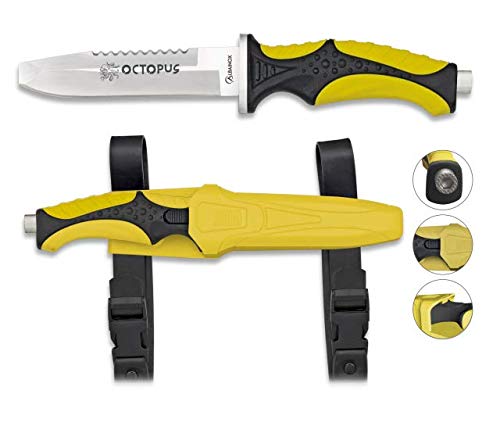 Albainox 32333. Cuchillo Submarinismo Octopus. Amarillo. Mango ABS y Goma. Herramienta para Caza, Pesca, Camping, Outdoor, Supervivencia y Bushcraft