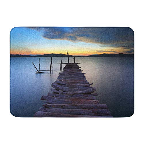 Alfombrilla de baño Tela de Franela Suavemente Absorbente Azul Paseo marítimo Puente de Madera en el mar Después del Amanecer Puesta de Sol Acogedor Decorativo Memoria Antideslizante Alfombra de baño