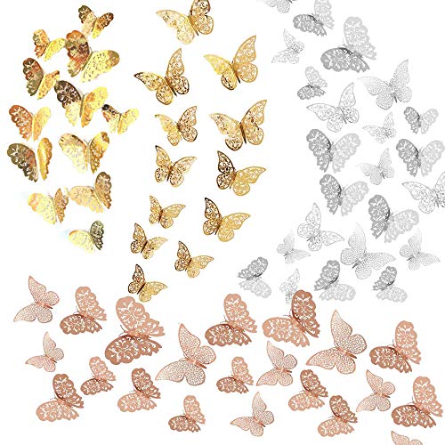 Allazone 72 Pz 3D Mariposas Pegatinas de Pared Mariposas 3D Mariposas Decorativas Decoraciones de Mariposas para Habitación Inicio Aula Oficinas Decoración de Dormitorio, Oro Rosa, Oro, Plata