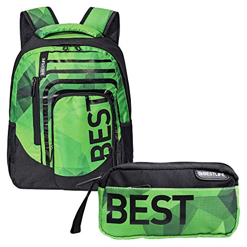 BESTLIFE Mochila y estuche en un set „BREVIS“ mochila escolar, para el tiempo libre con compartimento para el portátil hasta 15,6 pulgadas (39,6 cm), la menta verde