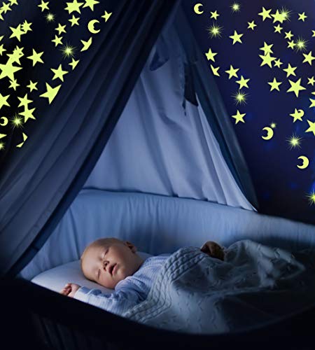 Boxiki Kids Pack de 300 estrellas brillantes y luna | Estrellas para decorar techos fluorescentes para niños | Estrellas fluorescentes para niños