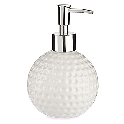 Dosificador de jabón para baño de cerámica de Barro Fino y Metal Pulido en Acero Inoxidable, Capacidad 300ml, dosificador jabón en Forma de Pelota de Golf (Blanco)