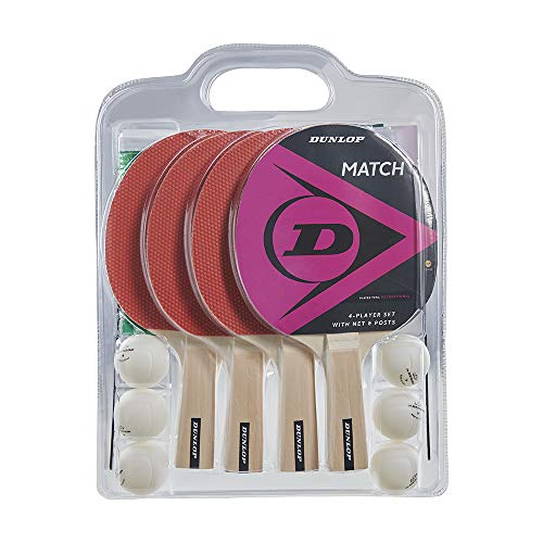 Dunlop Match 4 Player - Juego de tenis de mesa (incluye pelotas, red y postes), 4 raquetas TT y 6 pelotas de ping pong blancas, red con postes, ideal para niños y adultos, para interiores y exteriores