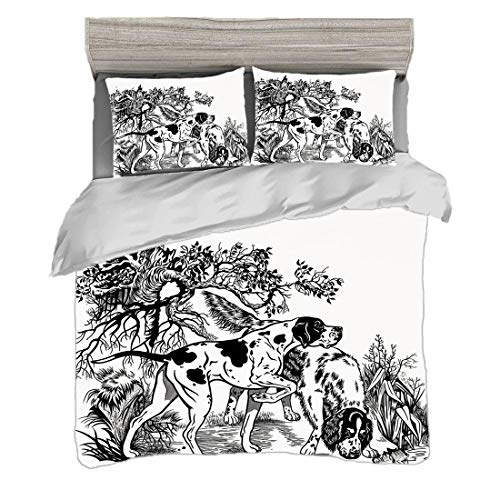 Funda nórdica Super King Size (220 x 240cm) con 2 fundas de almohada Decoración de caza Juegos de cama de microfibra Perros de caza en bosque Monocromo Dibujo inglés puntero y razas Setter,blanco y ne