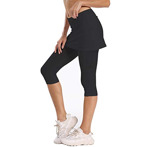 Geekbuzz Leggings capri con falda ajustable para mujer, UPF 50+, con falda y bolsillos, negro, XS