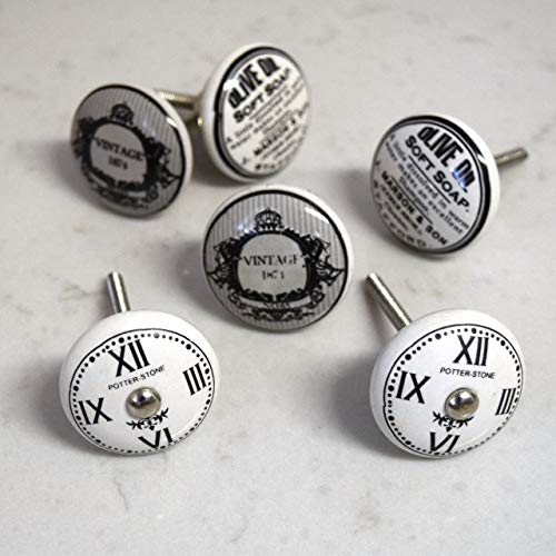 Juego de 6 gris blanco y negro relojes vintage shabby chic para puerta tiradores de pomos para muebles de diseño de rayas