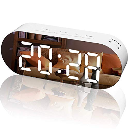 Kiwaly Reloj despertador digital con superficie de espejo, pantalla LED de gran tamaño, con dos puertos de carga USB, temporizador de reposo para decoración moderna de dormitorio, color blanco