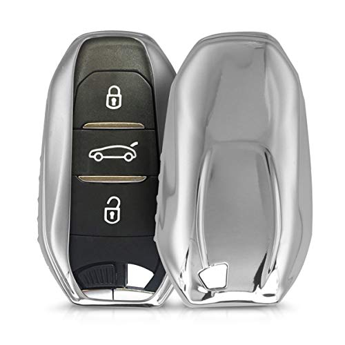 kwmobile Funda Compatible con Peugeot Citroen Llave de Coche Smartkey de 3 Botones (Solo Keyless Go) - Carcasa Suave de TPU - Cover de Mando y Control de Auto en Plateado Brillante