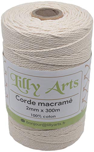 Lilly Arts - Cuerda de macramé de algodón 100% – 2 mm x 300 m – Cuerda para decoración de pared, colgantes, plantas, embalajes, bricolaje – Cable macram, hilo macramo (natural 2 mm x 300 m)