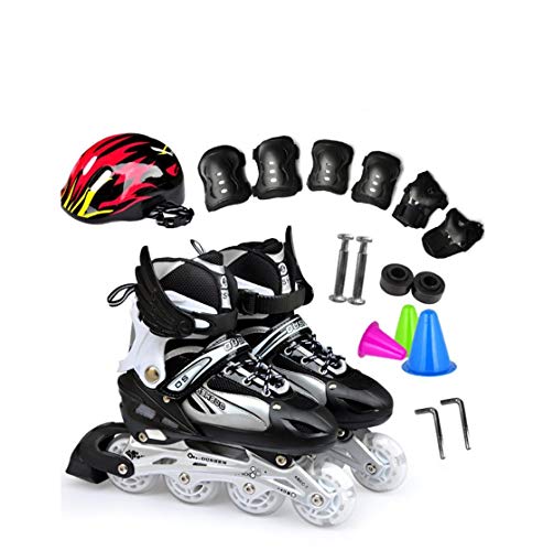 N / A Kuxuan - Juego de patines en línea ajustables con ruedas iluminadas para niños y niñas y jóvenes, juego de rodilleras, color negro