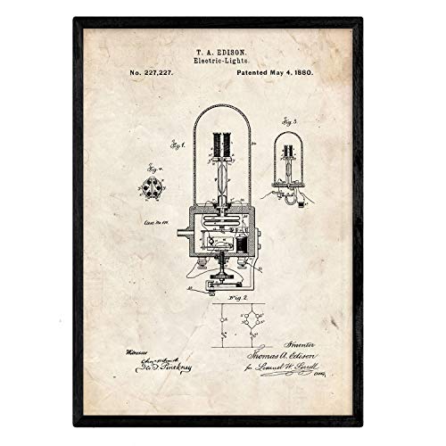 Nacnic Poster con patente de Bombilla electrica 2. Lámina con diseño de patente antigua en tamaño A3 y con fondo vintage