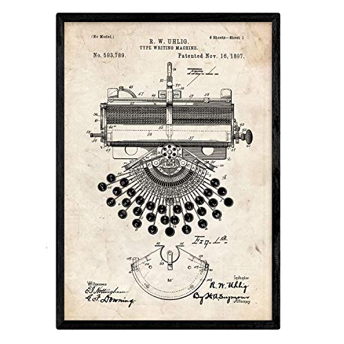 Nacnic Poster con patente de Maquina de escribir. Lámina con diseño de patente antigua en tamaño A3 y con fondo vintage