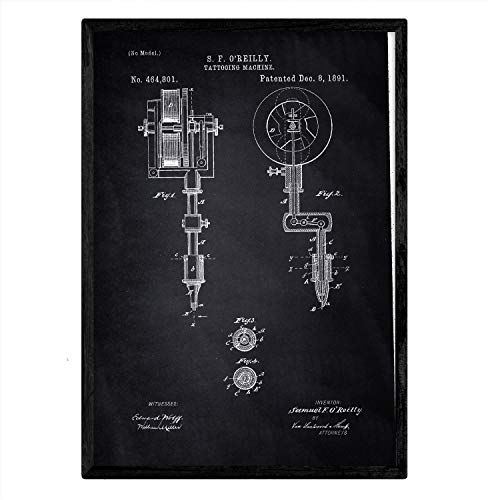 Nacnic Poster con patente de Maquina de tatuajes. Lámina con diseño de patente antigua en tamaño A3 y con fondo negro