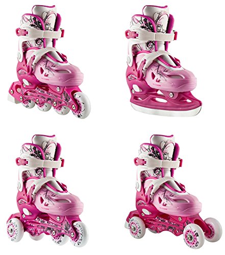 Nils NH0320A – Patines 4 en 1 (línea, ruedas en paralelo, combinado y hielo), color rosa Talla ajustable: 31 a 38., Blanco Rosa, medium