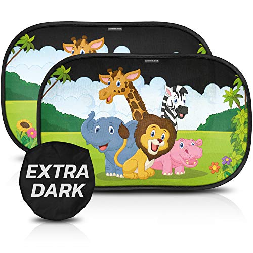Parasol coche con protección UV extra oscura - autoadhesivo, para proteger del sol a bebés y mascotas, 2 parasoles para bebé con animales de safari