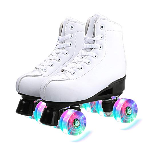 Patines 4 Ruedas Blancos para Mujeres y Hombres, Patines de Cuatro Ruedas Clásicas con Ruedas de PU con Luz LED para Interiores y Exteriores, Principiantes, Adolescentes, Adultos (EU41.5/ UK7.5)