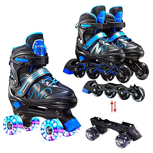 Patines en línea 2 en 1 Patines de Cuatro hileras con 4 tamaños Ajustables, Frenos Dobles, Ruedas Brillantes, Seguros y duraderos, Principiantes/Profesionales Blue,S(26-33)