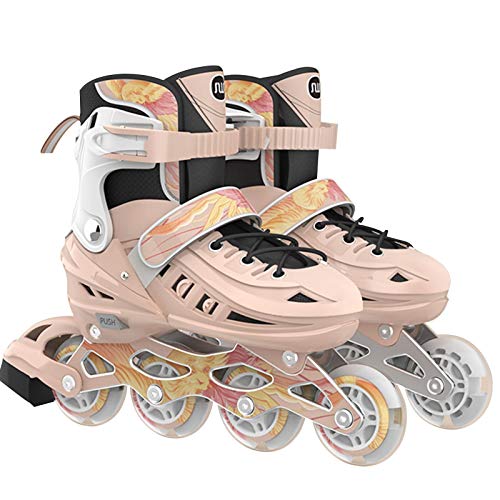 Patines en línea, patines de ruedas – 4 ruedas de tamaño elástico y rodilleras transpirables ajustables para niños y principiantes