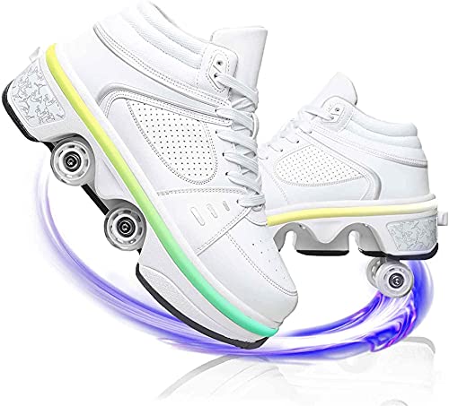 Patines Zapatos de rodillos para adultos de la deformación de los niños Patines de rodillos 2 en 1 ruedas de cuatro ruedas multiusos Patines de doble fila con 7 colores Luces LED para patinar caminar