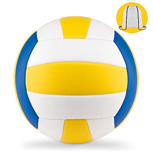 Publiclick Balón de Voleibol Blanco, Amarillo y Azul tamaño 5, con Bolsa de Asas Transporte, Incluye Aguja para hinchado.