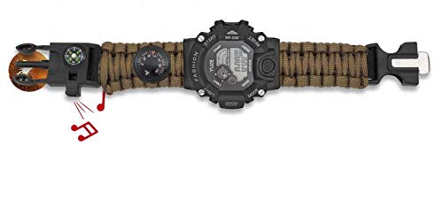 Reloj Digital Tactico Militar Pulsera Paracord Coyote Barbaric Incluye Silbato pedernal brújula y termómetro Caza Camping Outdoor Supervivencia y Bushcraft 33889-CO + Portabotellas de regalo