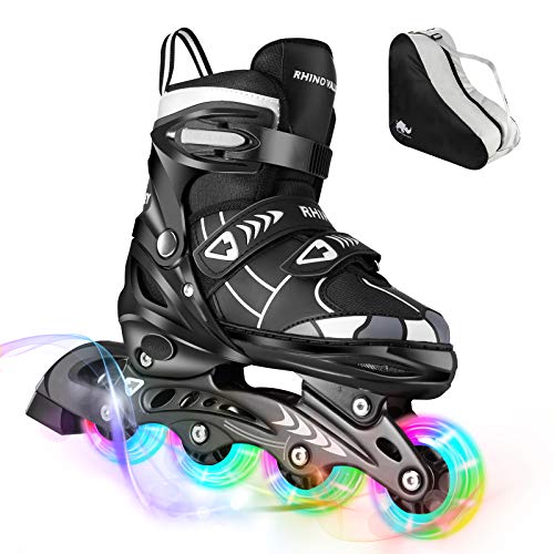 Rhino Valley Patines en Línea para Niños Adolescentes, Patinaje Ruedas Luminosas Marco Aluminio Resistente Ajustable Seguro Malla Transpirable para Principiantes Avanzados, Tamaño M, Negro