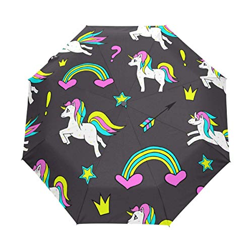 Suzanne Betty Paraguas con diseño de unicornio y corazón arco iris, con estrellas, cortavientos, plegables, compactos y plegables, de viaje