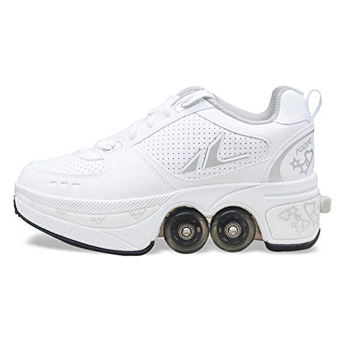 Zapatos con Ruedas Deformables Poleas Invisibles para Niños Adultos Patines con Rueda De Deformación De Doble Fila, Blanco,38