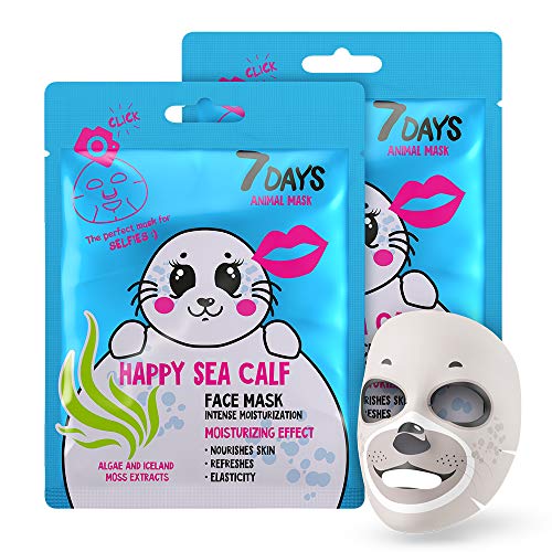 7DAYS Mascarilla Facial de Animales Foca 2 Unidades Para Una Piel Firme Mascarilla de Tejido Refrescante Hidratante Limpieza Extracto De Algas 2x28g