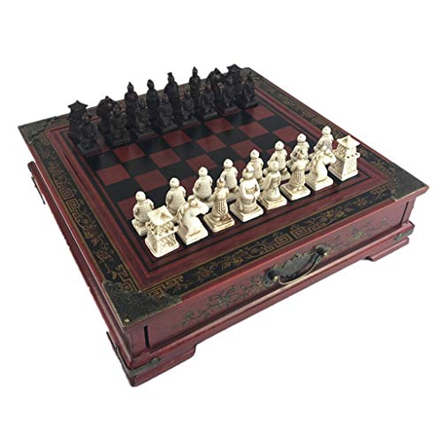 Ajedrez de viaje Guerreros de terracota retro juego de ajedrez for niños y adultos la familia del ajedrez clásico juego de mesa plegable con tablero de madera 3D resina de ajedrez Juego de ajedrez