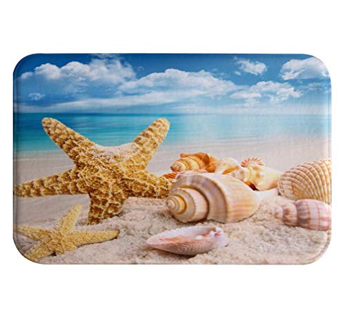 A.Monamour Estrellas De Mar Conchas Marinas En La Playa De Arena Cielo Azul Nubes Blancas Azul Océano Naturaleza Paisaje Franela Alfombras De Baño Alfombras De Piso Alfombra Interior 40X60 Cm