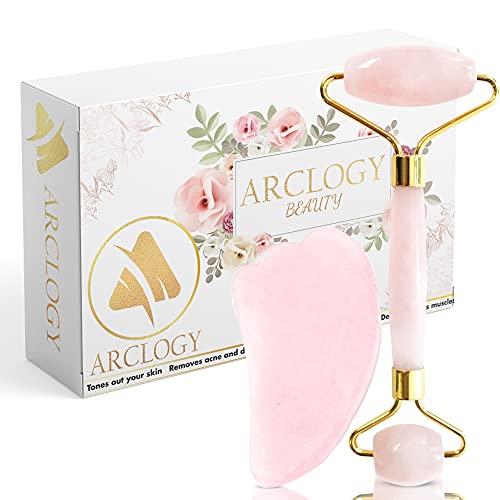 ARCLOGY Quartz Jade Roll, Gua Sha Jade Roller Authentic Massager, Natural Roller Anti Aging Facial Massage, Anti Aging Eye, Face and Neck Anti Wrinkle, Face Stone Massage (Rodillo rosa PINK)