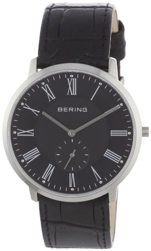 Bering Classic - Reloj analógico de caballero de cuarzo con correa de piel negra - sumergible a 30 metros