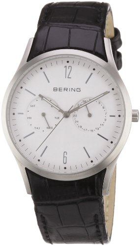 Bering Classic - Reloj analógico de caballero de cuarzo con correa de piel negra - sumergible a 50 metros