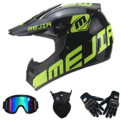 Casco Integral Completo Motocicletas de Motocross Casco Rally Protector para Adultos para MX ATV MTB Pit Bike DH Racing con Gafas Máscaras Guantes Certificación Dot (Rave Negro Brillante),52~53cm S