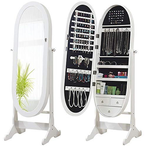 CuteLife Organizador de Joyas Gabinete de joyería Espejo montado en la Pared Espejo elíptico Ovalado Espejo de Piso de Longitud Completa (Color : Blanco, tamaño : Un tamaño)