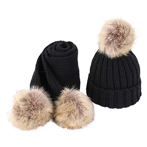 DONTHINKSO 2pcs Children Knitted Beanie Hat Scarf Set Cute Infant Baby Fake Ball Pom Pom Cap Warm Winter Beanies for 3-8 Years Old-Black