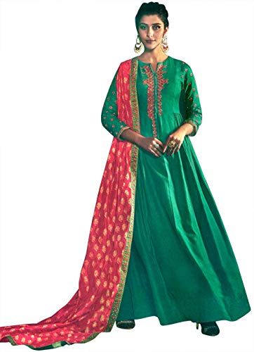 Exotic India Greenlake Traje Largo hasta el Piso línea A con Bordado Floral ARI y Estampado Rojo Dupatta - Verde - Large