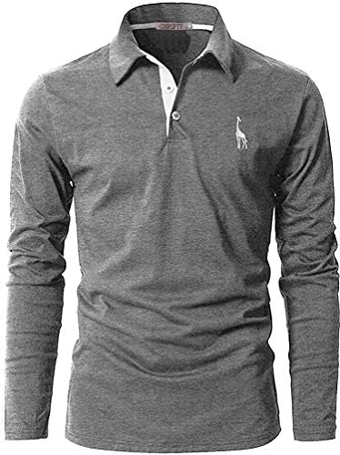 GNRSPTY Polo Manga Larga Hombre Algodon Slim Fit Camiseta Colores de Contraste Bordado de Ciervo Deporte Basic Golf Negocios T-Shirt Top,Gris,L