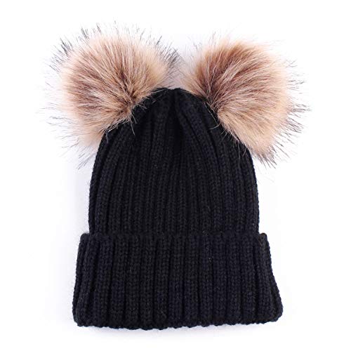 HaiQianXin Baby Cute Winter Warm Doble Pom Pom Furn Ball Knit Crochet Kid Niño Hat Cap (Color : Black)