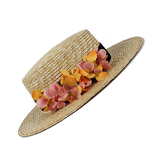 HOUJHUS Mujer Sol 100% Trigo Paja protección Sol Sombrero señora Verano Piso Playa Recorrido Gorras con Flor (Color : Natural, Size : 56-58cm)