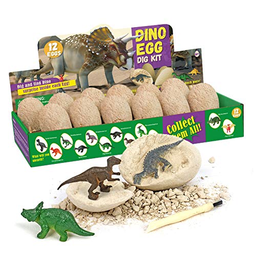 Juguetes Huevos Dinosaurio, 12 Piezas Juego Huevos Dinosaurio, Kit Excavación Dinosaurios Arqueología para Niños, con Herramientas Excavación, Regalos Fiesta Dinosaurios para Niñas