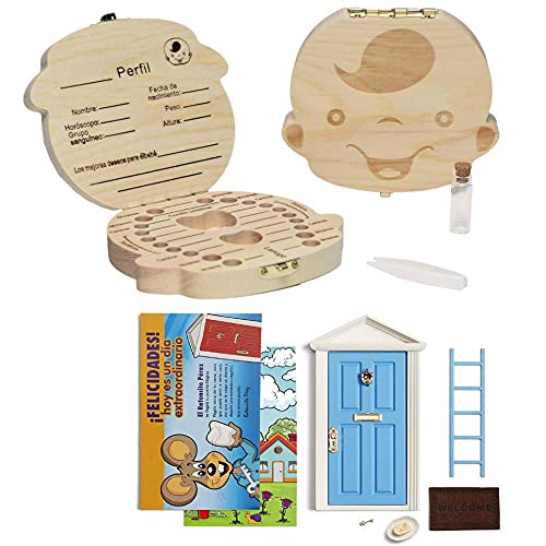 LA PUERTA MÁGICA del Ratoncito Pérez + Caja dientes de leche + pinzas + botella esterilizadora + escalera + plato + queso + felpudo + llave + dibujo fondo de puerta + postal (Azul Niño) LA PUERTA MÁGICA del Ratoncito Pérez + Caja dientes de leche + pinzas + botella esterilizadora + escalera + plato + queso + felpudo + llave + dibujo fondo de puerta + postal (Azul Niño)