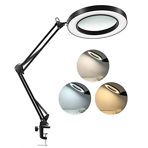 Lámpara de Escritorio Lupa LED 5X con Abrazadera, Brazo Giratorio Ajustable, 3 Niveles de Brillo, Lámpara de Aumento para Banco de Lectura o Salón de Belleza